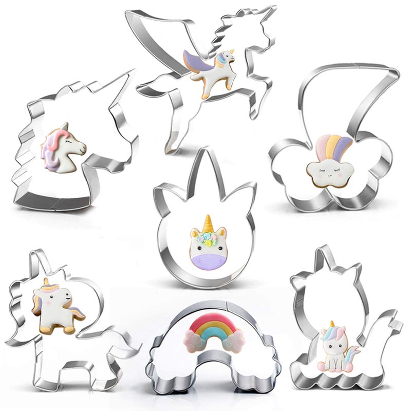 LUBTOSMN Unicorn Cookie Cutter Set, 7-Piece 3-Inch â€“ 5 Unicorn Faces & Heads, Rainbow, Shooting Star â€“ Fondant Molds for Kids Birthday, Holiday, Wedding Party Favors - Image 1